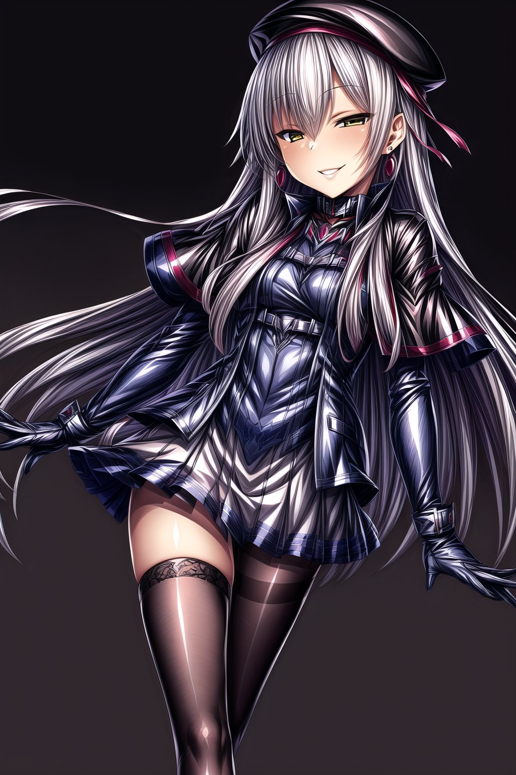 ((best quality)),  ((highly detailed)),  masterpiece,  ((official art)), ultra-detailed,1girl, night, solo, standing, smile, looking at viewer,  jewelry, earrings, gloves, parted lips,  lips, evil smile, evil girl, crazy, long hair,masterpiece,edgGesugao, silver_hair, long_silver_hairpantyhose, beret, capelet, lace-up boots, jacket, looking at viewer, bangs, very long hair, hair between eyes, miniskirt, hair flaps