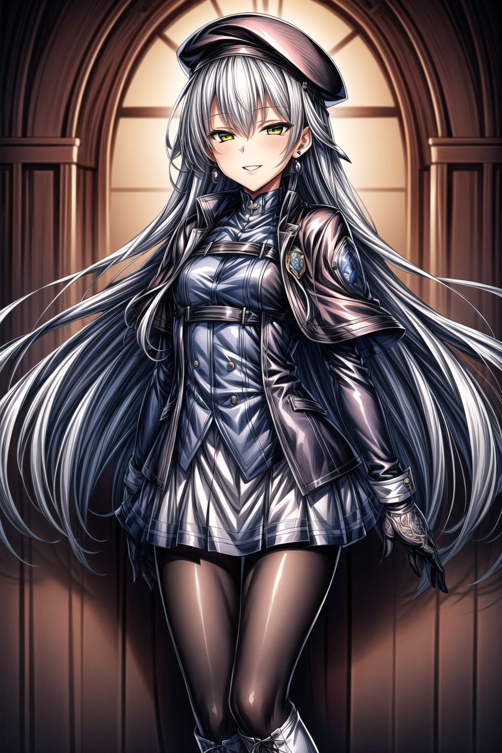 ((best quality)),  ((highly detailed)),  masterpiece,  ((official art)), ultra-detailed,1girl, night, solo, standing, smile, looking at viewer,  jewelry, earrings, gloves, parted lips,  lips, evil smile, evil girl, crazy, long hair,masterpiece,edgGesugao, silver_hair, long_silver_hairpantyhose, beret, capelet, lace-up boots, jacket, looking at viewer, bangs, very long hair, hair between eyes, miniskirt, hair flaps