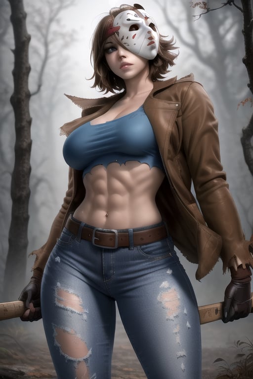 Jessica Voorhees is a beautiful and dangerous 25-year-old woman. She has short brown hair, brown eyes, and wears a hockey mask on one side of her face. She has big breasts, she wears a blue crop top with a low neckline, a brown jacket, gloves, ripped abs, wide hips, brown belt, shorts jeans, torn jeans, wide thighs. she wields an axe. horror atmosphere, fog, misty,  night. interactive image, highly detailed, sciamano240, jessica