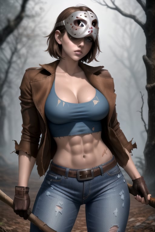 Jessica Voorhees is a beautiful and dangerous 25-year-old woman. She has short brown hair, brown eyes, and wears a hockey mask on one side of her face. She has big breasts, she wears a blue crop top with a low neckline, a brown jacket, gloves, ripped abs, wide hips, brown belt, ((shorts jeans)), torn jeans, wide thighs. she wields an axe. horror atmosphere, fog, misty,  night. interactive image, highly detailed, sciamano240, jessica