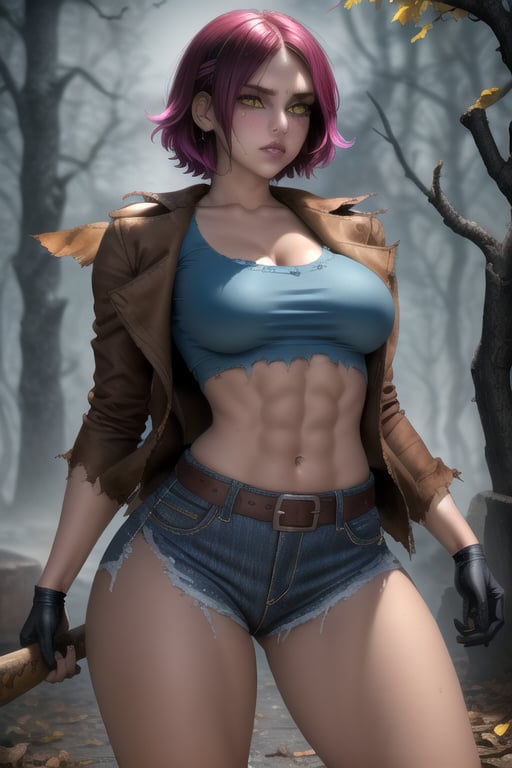 Jessica Voorhees is a beautiful and dangerous 25-year-old woman. She has short fuchsia hair, yellow eyes, beautiful face. muscular body.  She has big breasts, she wears a blue crop top with a low neckline, a brown jacket, strong arms, black gloves, ripped abs, wide hips, brown belt, ((torn jean shorts)), wide thighs. she wields an axe. horror atmosphere, fog, misty,  night. interactive image, highly detailed, sciamano240, jessica