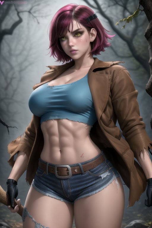 Jessica Voorhees is a beautiful and dangerous 25-year-old woman. She has short fuchsia hair, yellow eyes, beautiful face. muscular body.  She has big breasts, she wears a blue crop top with a low neckline, a brown jacket, strong arms, black gloves, ripped abs, wide hips, brown belt, ((torn jean shorts)), wide thighs. she wields an axe. horror atmosphere, fog, misty,  night. interactive image, highly detailed, sciamano240, jessica