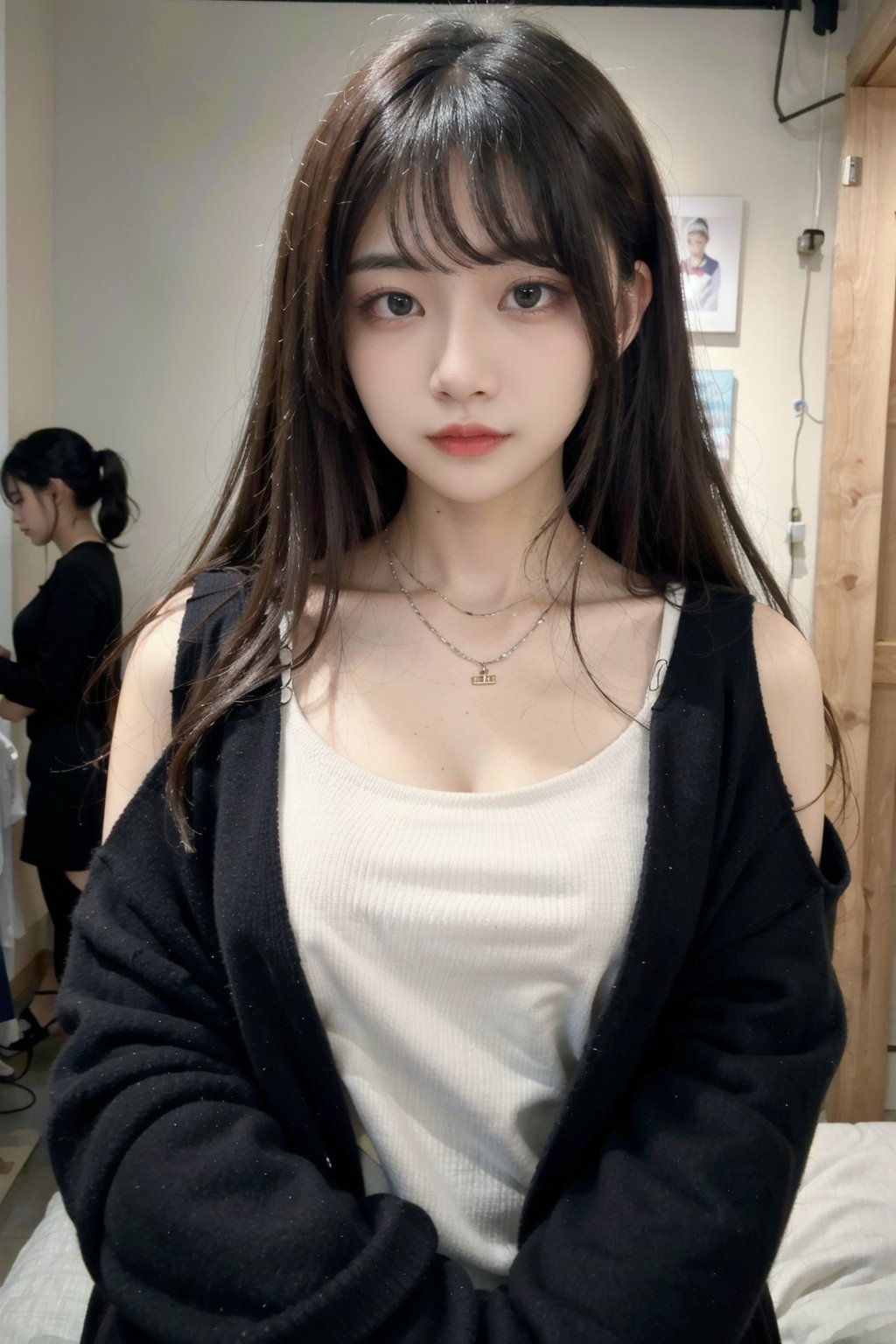 long hair, jewelry, 1girl, looking at viewer, ((blurry background)), :),masterpiece