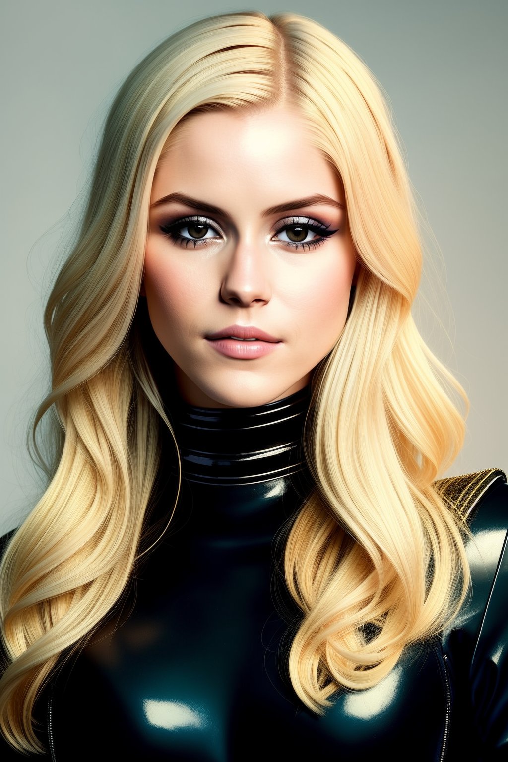 a headshot of wo_erinmor01,  blonde hair,  upper body,  slight smile,  best quality,  trending on artstation,  masterpiece,  looking at viewer, wearing a black latex outfit,  style of [Pietro Annigoni:Tom Bagshaw:.5]