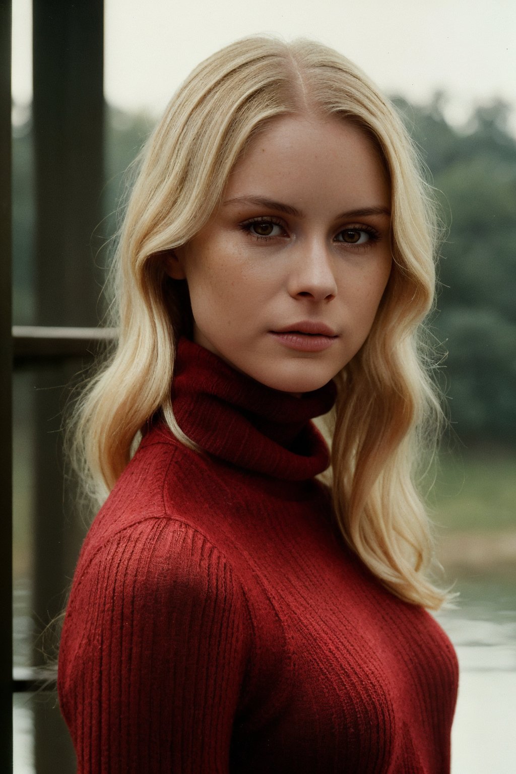 wo_erinmor01,  facing the camera,  A low_res photography of a woman with wet hair,  blonde,  Vanity Fair magazine style,  skin details,  wearing a red turtleneck sweater and skirt,  8k,  high resolution,  (((film grain))),  high details,  masterpiece,  cinematic lighting,  intricate,  realistic,  global illumination,  ((by david lazar))