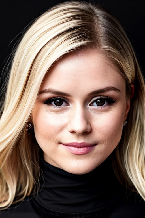 woman, delicate traits, Sharp Focus, (cute smile:1.2), photo of wo_erinmor01, (close-up:0.1), low key lighting, shot on Camera Lite, cinematic bokeh, black tight turtleneck shirt, blonde hair, (simple background:1.2), teasing, smooth skin