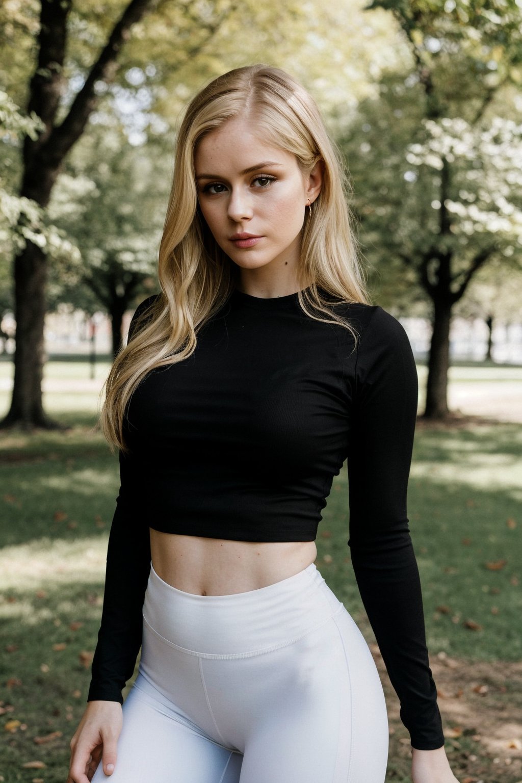 photo of wo_erinmor01, portrait of a woman with medium hair and blonde , wearing a tight shirt and black leggings, in a park, masterpiece, natural light, vignette effect, gorgeous, blurry background
