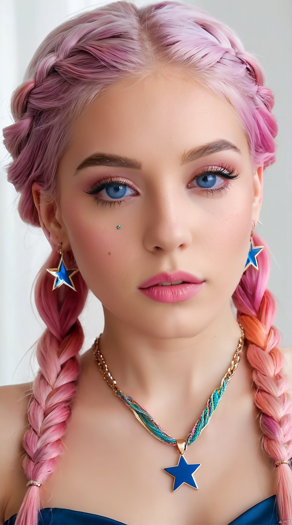  (best quality),(masterpiece),1girl, solo, braid, jewelry, pink hair, necklace, multicolored hair, white background, looking at viewer, eyelashes, simple background, parted lips, earrings, multiple braids, upper body, blue eyes, star (symbol), long hair, lips, collarbone, forehead, nose, makeup, mole, pink lips, dress, multicolored clothes, realistic, mascara