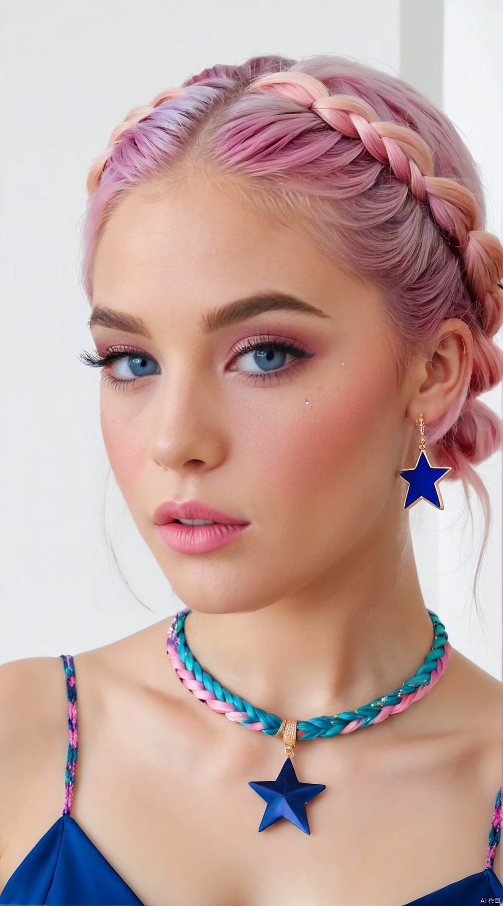  (best quality),(masterpiece),1girl, solo, braid, jewelry, pink hair, necklace, multicolored hair, white background, looking at viewer, eyelashes, simple background, parted lips, earrings, multiple braids, upper body, blue eyes, star (symbol), long hair, lips, collarbone, forehead, nose, makeup, mole, pink lips, dress, multicolored clothes, realistic, mascara