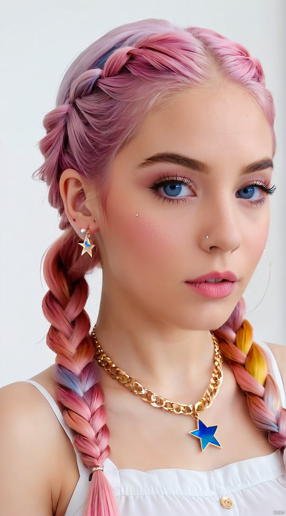  (best quality),(masterpiece),1girl, solo, braid, jewelry, pink hair, necklace, multicolored hair, white background, looking at viewer, eyelashes, simple background, parted lips, earrings, multiple braids, upper body, blue eyes, star (symbol), long hair, lips, collarbone, forehead, nose, makeup, mole, pink lips, dress, multicolored clothes, realistic, mascara