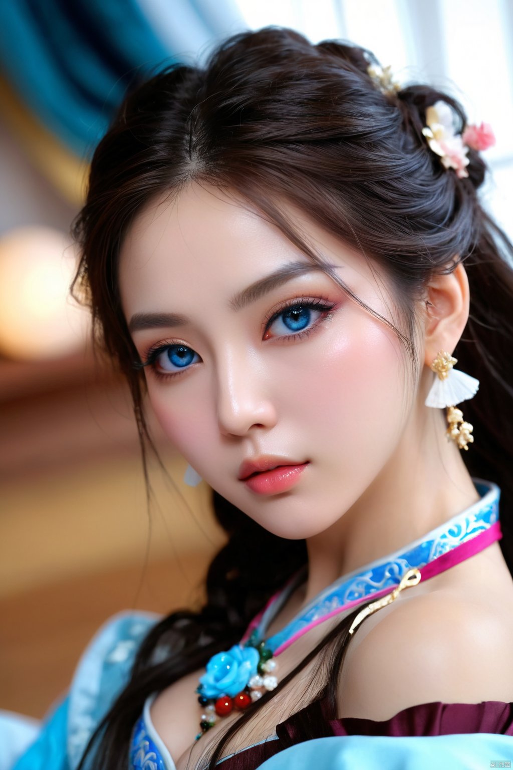  ( Extremely detailed CG Unity 8k wallpaper), Best Quality,( Solo exhibition),(( Bare Shoulders)),( Extremely Delicate Beautiful),( Beautiful and Detailed Eye Description),( Beautiful and Detailed Facial Depiction), Standing, Meticulous Clothes, Hair Accessories, Gemstone necklace, delicate face, look at the audience,masterpiece,best quality,extremelydetailed cg 8k wallpaper,perfect female body,curvy,cold expression,long hair,messy hair,blue eye, extremely delicate and beautiful,water,((beauty detailed eye)),highly detailed,((beautiful face)), fine water surface,ultra-detailed,incredibly detailed,(an extremely delicate and beautiful),( beautiful detailed eyes. best quality.),Translucent clothes,(lora),full-body shot,(Super realistic),(hanfu),(Chinese style),1girl,(gigantic breasts),(hyness), Dynamic angle,colorful,(masterpiece:1),2, best quality,extremely detailed cg 8k wallpaper,best quality, masterpiece, original, extremely detailed wallpaper,Detailed and baeutiful face,(((sitting))),(close-up),(Low angle),((leg up)), ethereal dragon, Pink Mecha, 1girl, layla, lida,