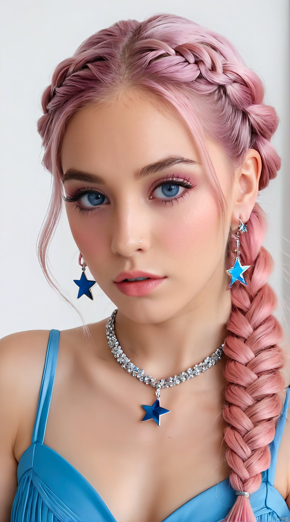  (best quality),(masterpiece),1girl, solo, braid, jewelry, pink hair,  white background, looking at viewer, eyelashes, simple background, parted lips, earrings, multiple braids, upper body, blue dinond eyes, star (symbol), long hair, collarbone, forehead, nose, gorgeous makeup, mole,  dress, multicolored clothes, realistic, mascara