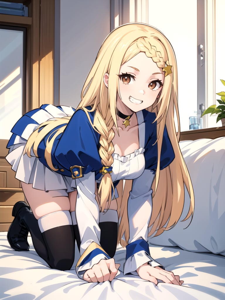 //Quality,
(masterpiece), (best quality), 8k illustration
,//Character,
1girl, solo, grin
,//Fashion,
,//Background,
indoors, bed
,//Others,
キラー・クイーン, 1girl, solo, brown eyes, long hair, blonde hair, hair ornament, skirt, thighhighs, puffy sleeves, very long hair, braid, boots, teeth, choker, star \(symbol\), crawling on all fours, aiming for prey, 