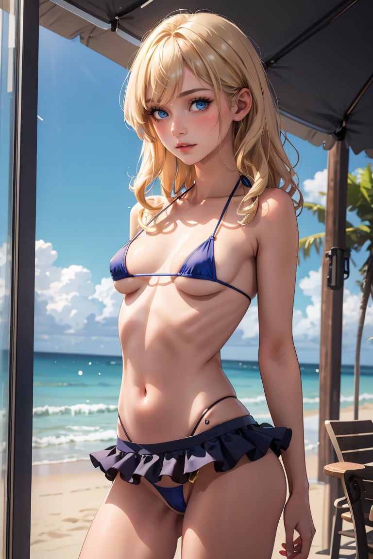 masterpiece, best quality, Ray tracing, hdr, volumetric lighting,1girl, Blonde with beachy waves, sparkling blue eyes, and a slender figure, <lora:MicroSkirt_FefaAIart:0.9>, microskirt,panties<lora:MicroBikini_FefaAIart:0.4>,micro bikini,  tiny microbikini,  microbikini,