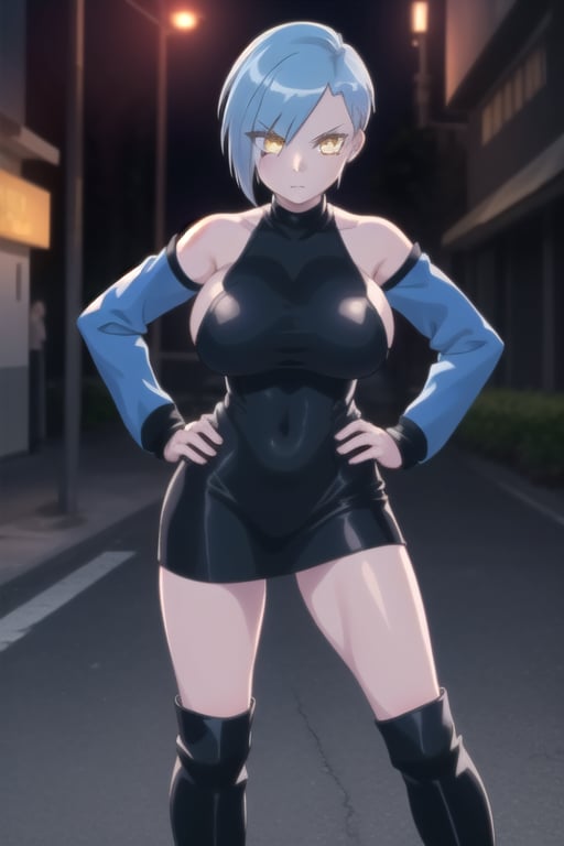 1girl,solo,young,  street, guard, blue hair, yellow eyes,big breasts, legs,boots,hair covers one of his eyes, short hair,without fringe,

short nape hair,
bare shoulders,
bare neck,
hands on hips,
(Hands:1.1), better_hands ,beaitiful hands,front view