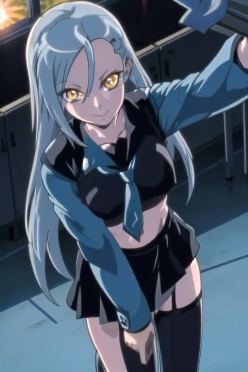  blue hair  ,sun , yellow eyes , classroom ,smile, ,long hair,school girl, view front ,Guard