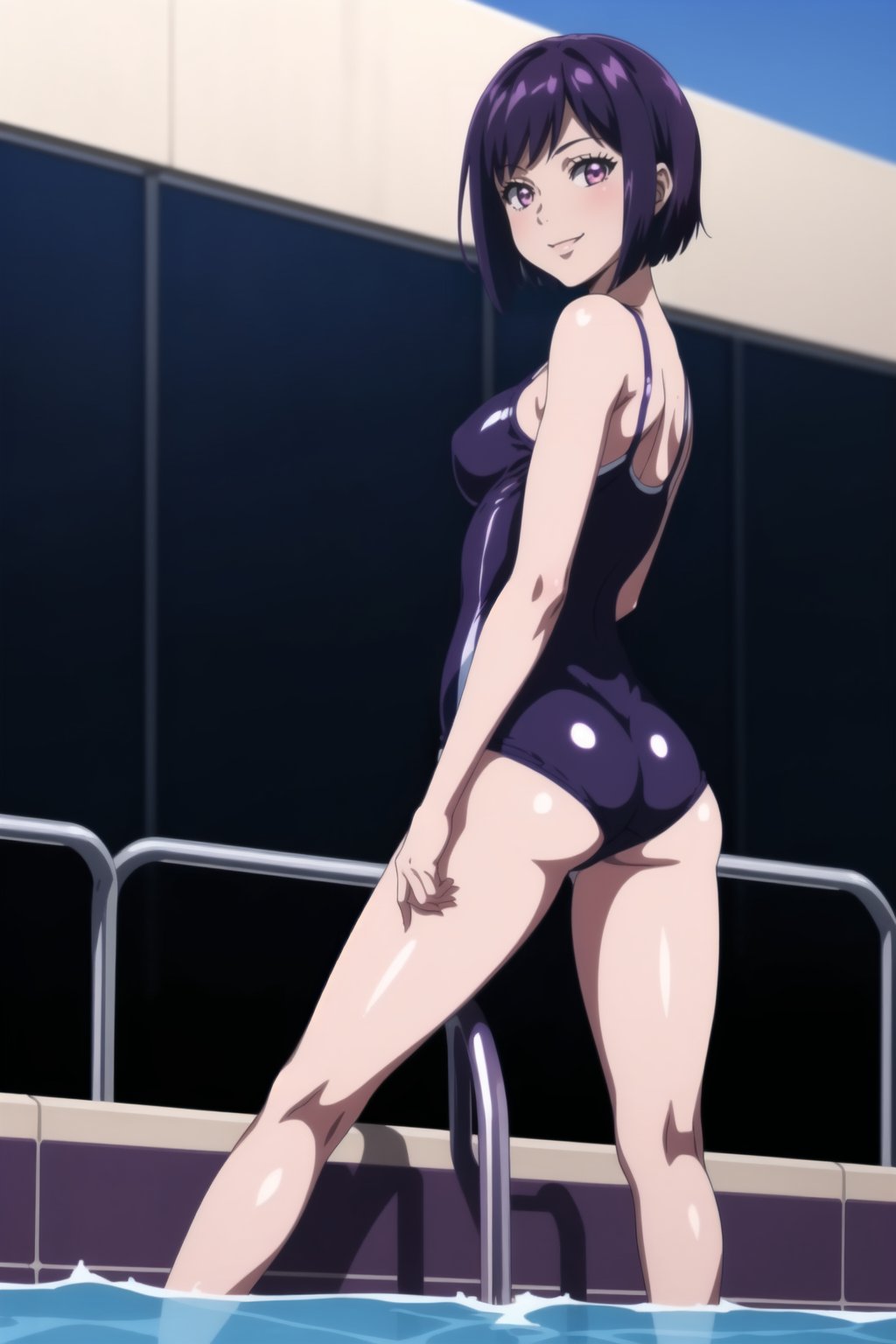 masterpiece ,1girl,sectarian ,short hair, school pool, full school blue swimsuit, medium breats, medium butt, legs,slim, ((dark purple hair )),pink eyes,mature, legs, whole body, shiny skin,sniny hair,smile, happy, fun,<lora:EMS-283683-EMS:0.600000>