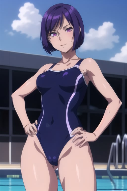 1girl,short hair, school pool, sunday, full school blue swimsuit, legs, purple hair,  sexy face , hands on hips,purple  eyes,mature, legs, whole body, sectarian , view front