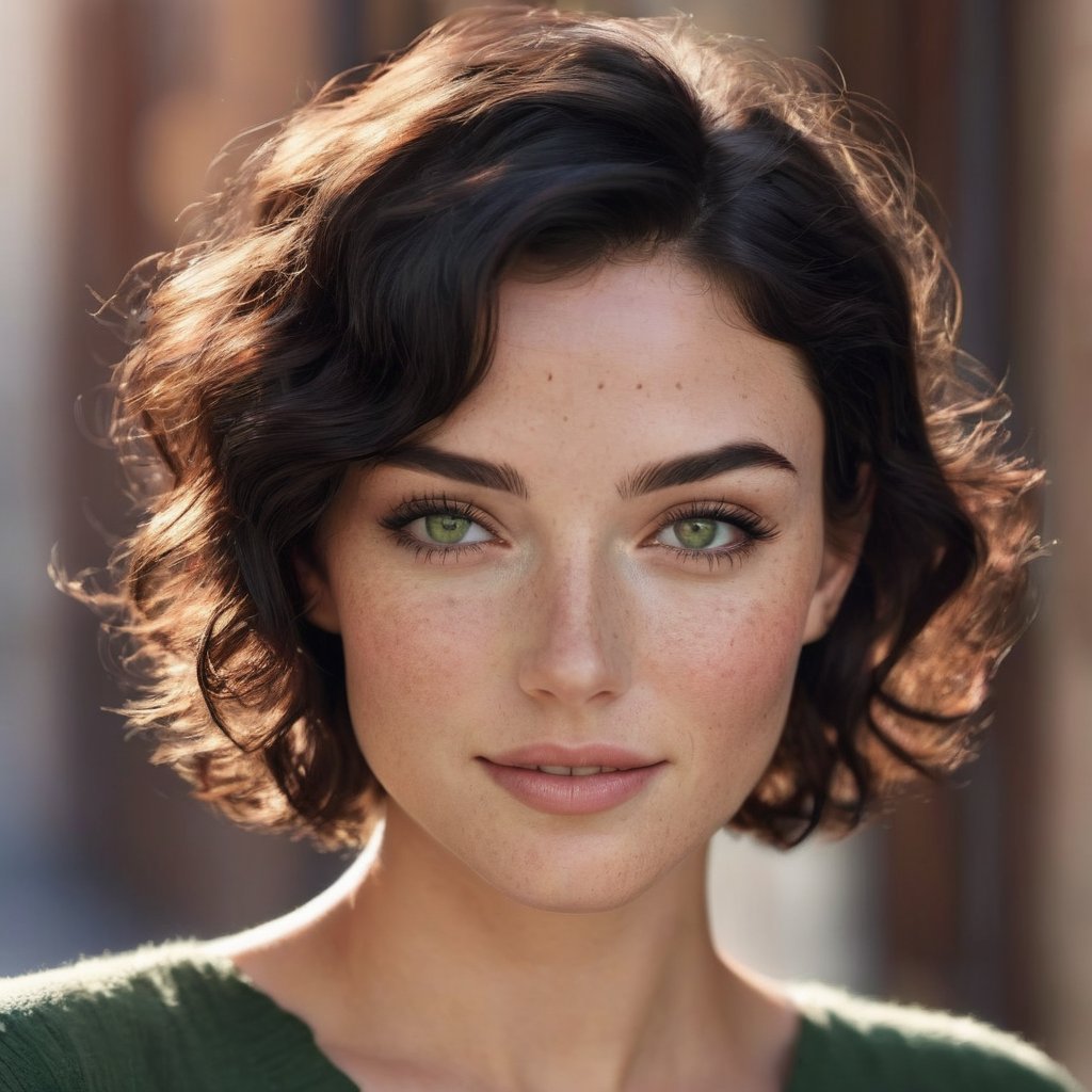 Generate hyper realistic image of a photorealistic portrait of a woman with short black wavy hair, a subtle smile, and freckles. Her green eyes should catch the soft natural light, emphasizing the simplicity of her makeup.