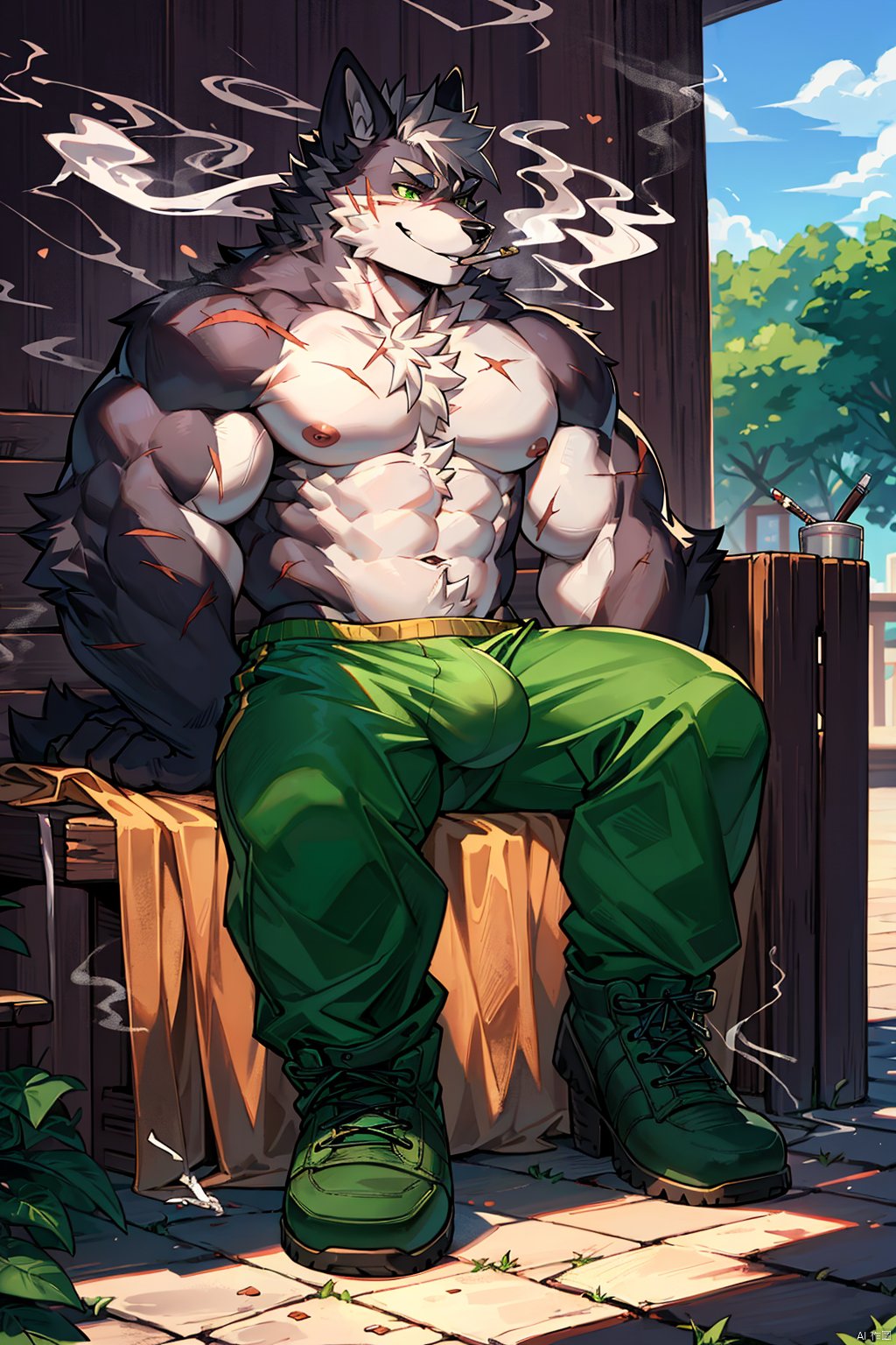  male focus, 1boy, bara, solo, furry male, muscular, muscular male, green pants, furry, topless male, pectorals, abs, nipples, animal ears, pants, large pectorals, stomach, cigarette, grey hair, sitting, short hair, navel, boots, bulge, wolf boy, wolf ears, smile, feet, full body, single boot, scar, smoking, shoes, grey fur,HYZ, THICK ARMS, nj5furry