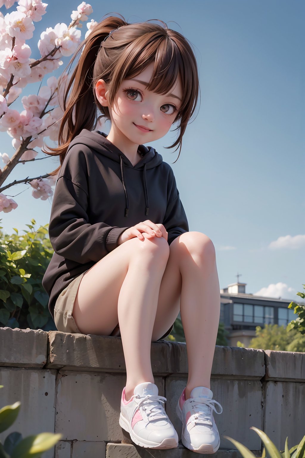 ((masterpiece, best quality, absurdres, highres, ultra detailed, high resolution, very fine 8KCG wallpapers)), 1 girl, solo, light smile, light brown hair, ponytail, bangs, brown eyes, black hoodie, white shorts, pale pink and white sneakers, outdoor, day, blue sky, comfortable sitting position, crouching, springtime park,