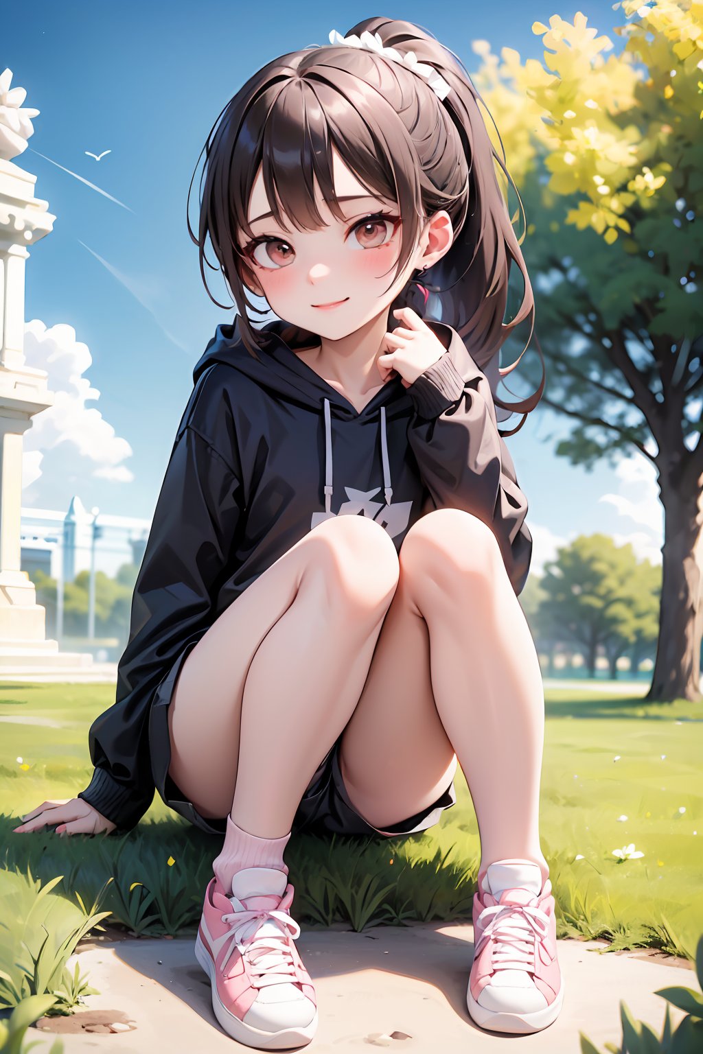 ((masterpiece, best quality, absurdres, highres, ultra detailed, high resolution, very fine 8KCG wallpapers)), 1 girl, solo, light smile, light brown hair, ponytail, bangs, brown eyes, black hoodie, pale pink shorts, pale pink and white sneakers, outdoor, day, blue sky, comfortable sitting position, crouching, springtime park,