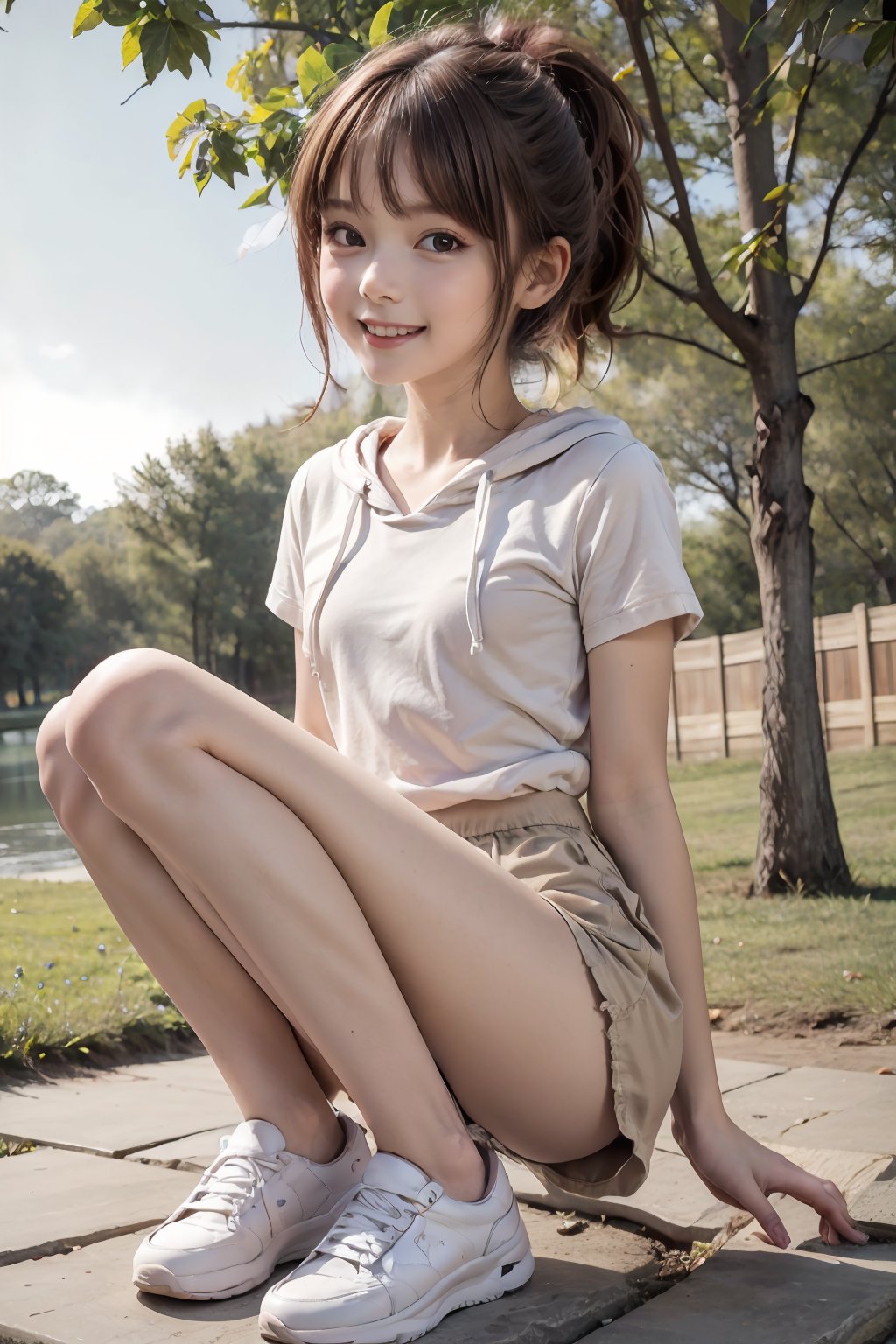 ((masterpiece, best quality, absurdres, highres, ultra detailed, high resolution, very fine 8KCG wallpapers)), 1 girl, solo, light smile, light brown hair, ponytail, bangs, brown eyes, black hoodie, white shorts, pale pink and white sneakers, outdoor, day, blue sky, comfortable sitting position, crouching, springtime park, arms behind back,