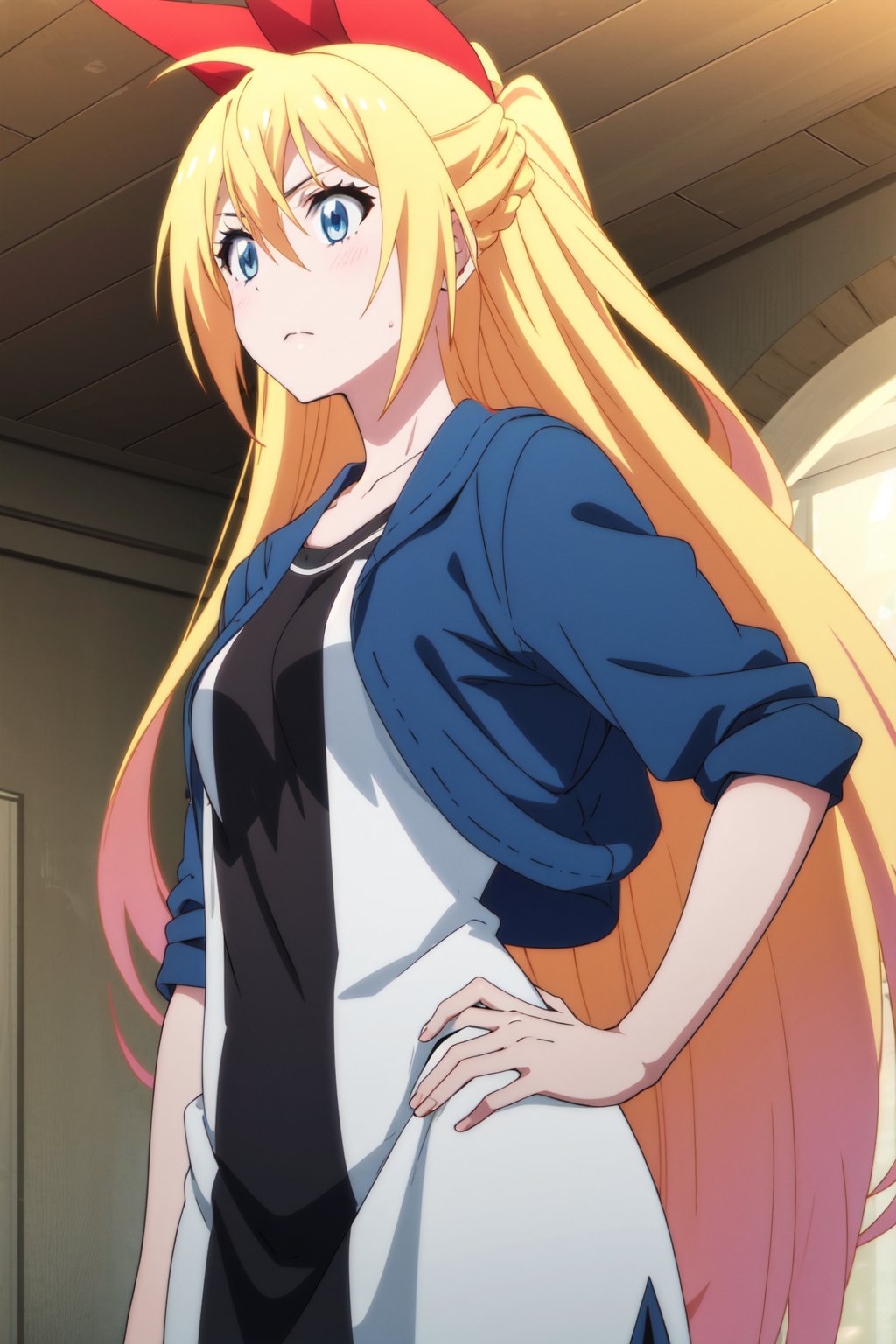 <lora:anime_screencap_v2:0.3> tall body, tall, long legs, mature female, mature, adult, <lora:GoodHands-beta2:1.4> <lora:eft_nisekoi_chitoge-02:1>, eft_nisekoi_chitoge, 1girl, long hair, blonde hair, blue eyes, solo, ribbon, hair ribbon, red ribbon, upper body, hair between eyes