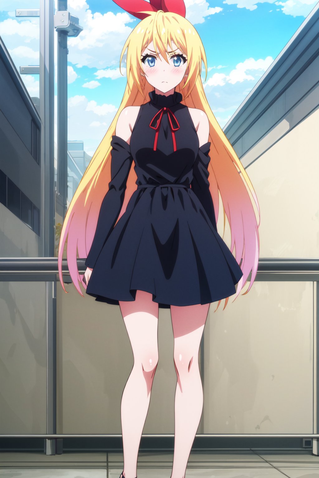 <lora:anime_screencap_v2:0.3> tall body, tall, long legs, mature female, mature, adult, <lora:GoodHands-beta2:1.4> <lora:eft_nisekoi_chitoge-02:1>, eft_nisekoi_chitoge, 1girl, long hair, blonde hair, blue eyes, blush, solo, ribbon, hair ribbon, looking at viewer, sky, red ribbon