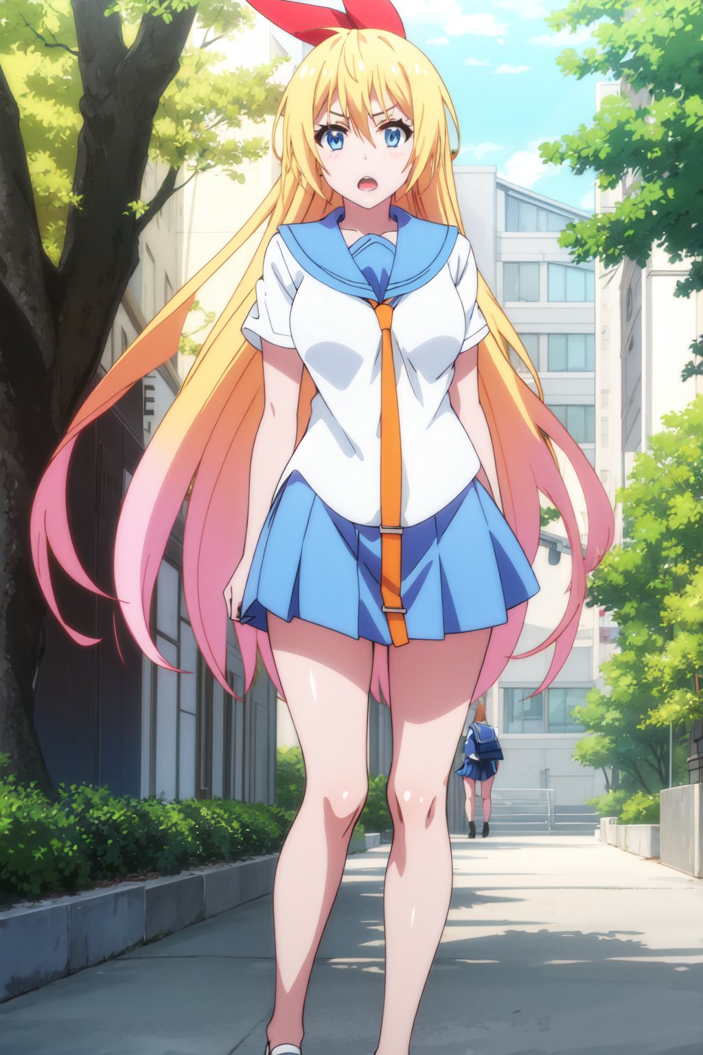 <lora:anime_screencap_v2:0.3> tall body, tall, long legs, mature female, mature, adult, <lora:GoodHands-beta2:1.4> <lora:eft_nisekoi_chitoge-02:1> eft_nisekoi_chitoge, 1girl, long hair, solo, school uniform, blue eyes, blonde hair, ribbon, skirt, hair ribbon, necktie, open mouth, pleated skirt, serafuku, blue skirt, sparkle, red ribbon, looking at viewer, very long hair, sailor collar, tree, orange necktie, shirt, blue sailor collar