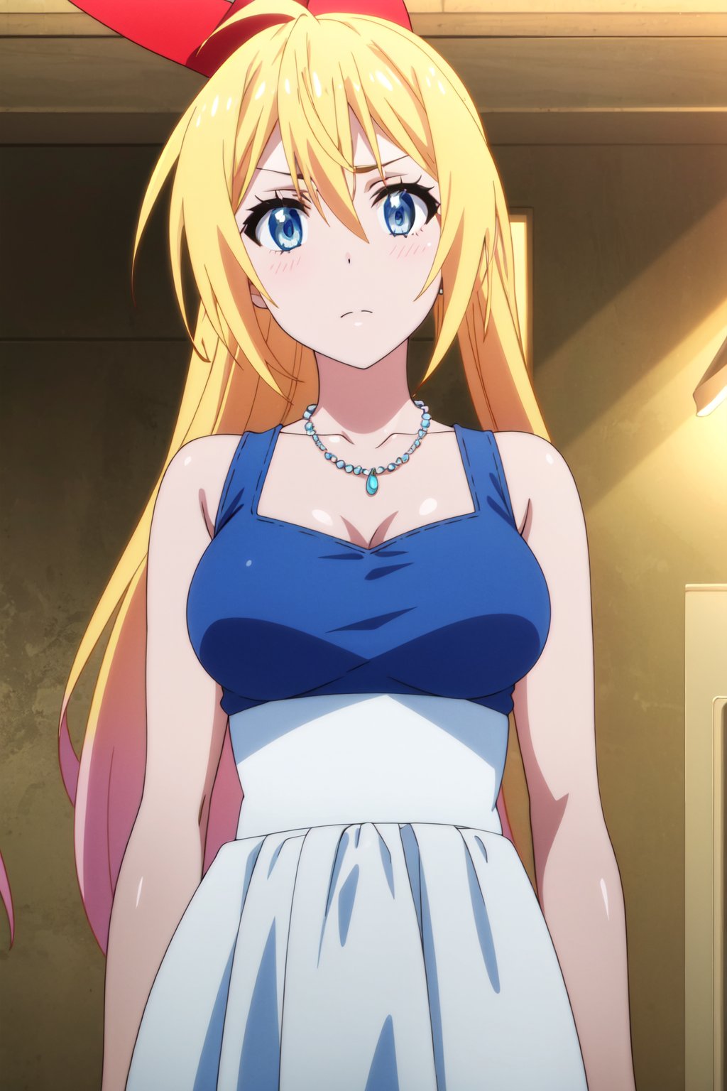 <lora:anime_screencap_v2:0.3> tall body, tall, long legs, mature female, mature, adult, <lora:GoodHands-beta2:1.4> <lora:eft_nisekoi_chitoge-02:1>, eft_nisekoi_chitoge, 1girl, solo, blonde hair, blue eyes, long hair, jewelry, necklace, dress, looking at viewer, ribbon, upper body, hair between eyes, hair ribbon, collarbone, red ribbon, ponytail, breasts