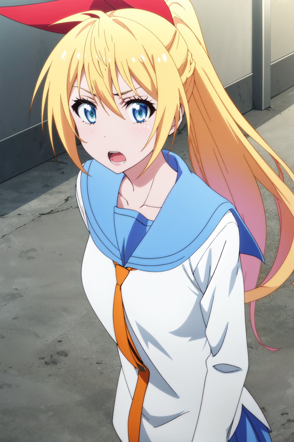 <lora:anime_screencap_v2:0.3> tall body, tall, long legs, mature female, mature, adult, <lora:GoodHands-beta2:1.4> <lora:eft_nisekoi_chitoge-02:1> eft_nisekoi_chitoge, 1girl, blonde hair, solo, blue eyes, long hair, school uniform, ribbon, hair ribbon, serafuku, open mouth, sailor collar, anime coloring, looking at viewer, blue sailor collar, parody, ponytail