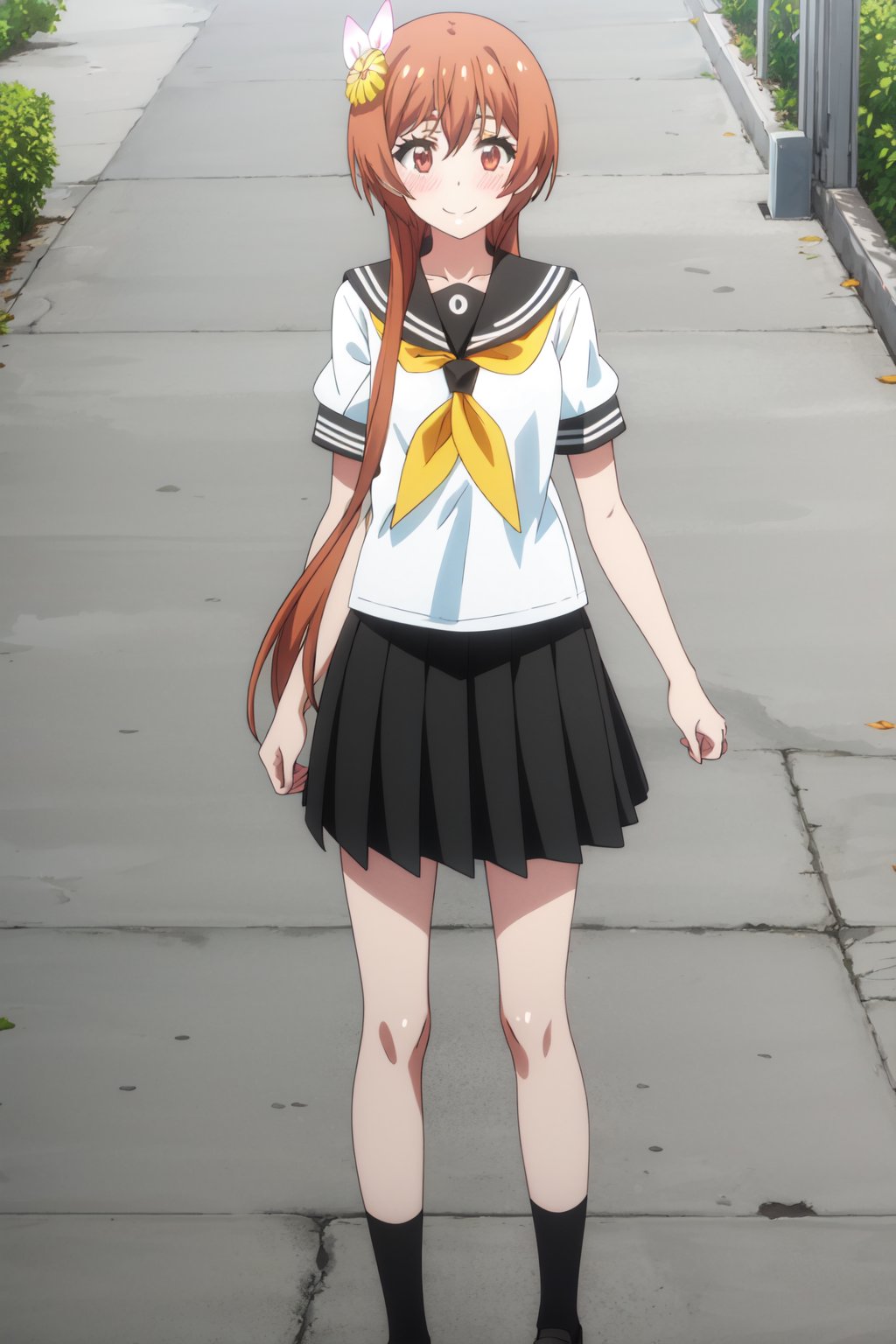 <lora:anime_screencap_v2:0.3> tall body, tall, long legs, mature female, mature, adult, <lora:GoodHands-beta2:1.4> <lora:eft_nisekoi_orange-02:1> eft_nisekoi_orange, 1girl, school uniform, hair ornament, solo, skirt, flower, hair flower, serafuku, brown hair, long hair, smile, short hair with long locks, black skirt, pleated skirt, blush, short sleeves, cowboy shot