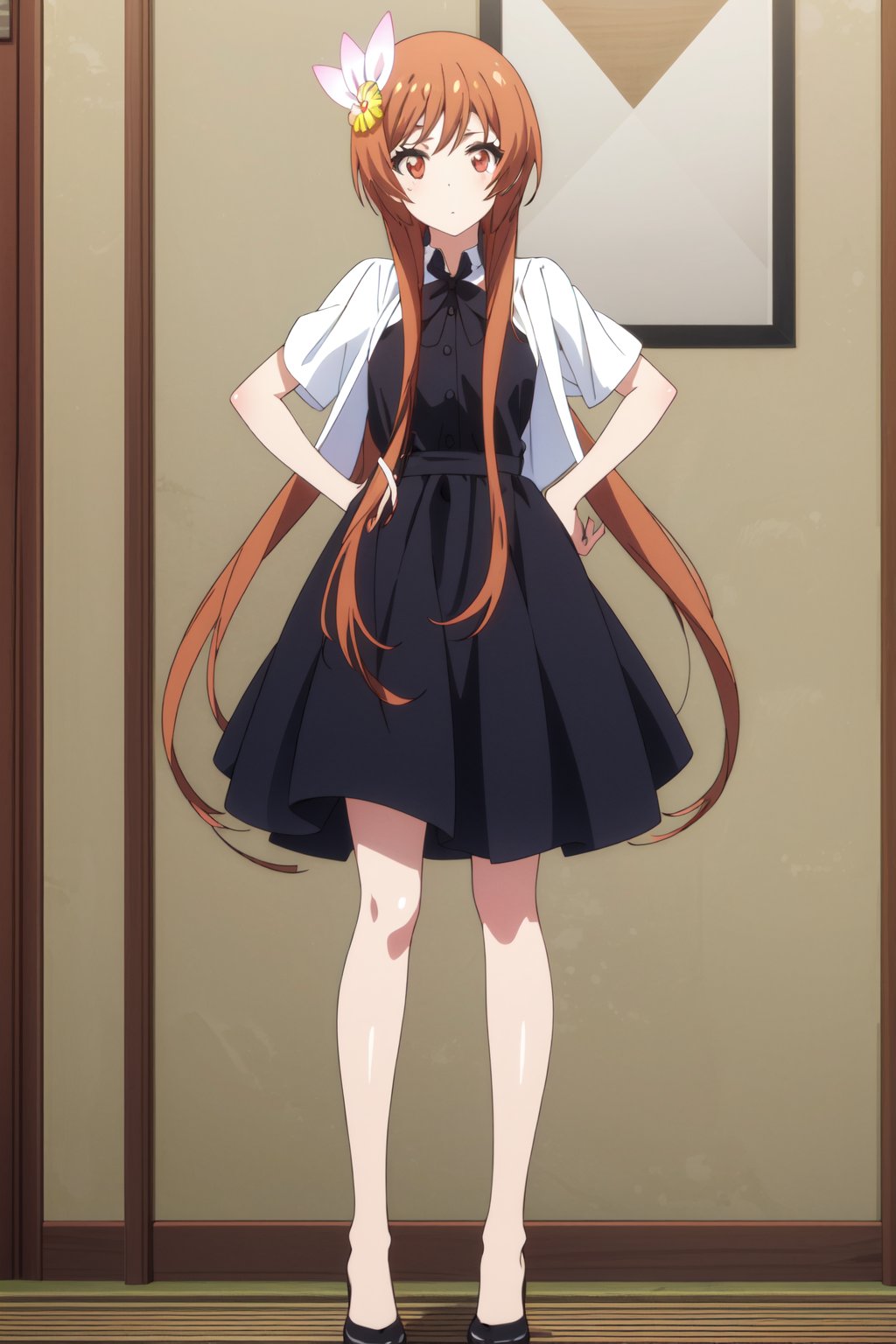 <lora:anime_screencap_v2:0.3> tall body, tall, long legs, mature female, mature, adult, <lora:GoodHands-beta2:1.4> <lora:eft_nisekoi_orange-02:1>, eft_nisekoi_orange, 1girl, hair ornament, flower, hair flower, long hair, brown hair, solo, brown eyes, looking at viewer, short hair with long locks, red eyes