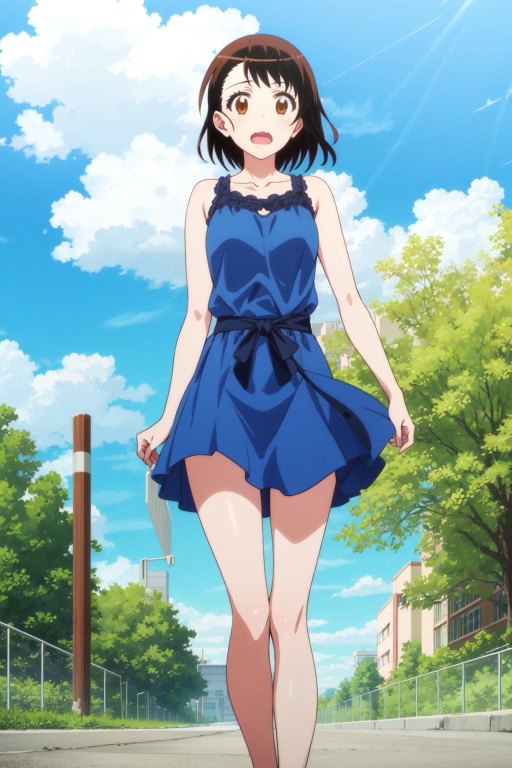 <lora:anime_screencap_v2:0.3> tall body, tall, long legs, mature female, mature, adult, <lora:GoodHands-beta2:1.4> <lora:eft_nisekoi_ondera-02:1>,  eft_nisekoi_ondera, 1girl, solo, brown eyes, outdoors, brown hair, day, open mouth, cloud, sky, wavy mouth, tree, short hair, looking at viewer, standing, collarbone