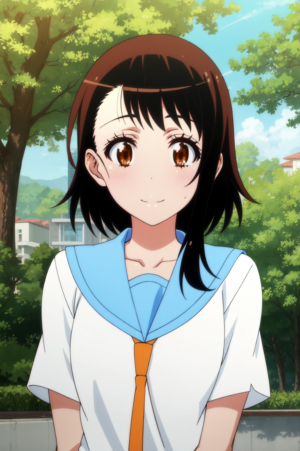 <lora:anime_screencap_v2:0.3> tall body, tall, long legs, mature female, mature, adult, <lora:GoodHands-beta2:1.4> <lora:eft_nisekoi_ondera-02:1>,  eft_nisekoi_ondera, 1girl, solo, school uniform, brown eyes, smile, blush, looking at viewer, serafuku, brown hair, day, outdoors, upper body, collarbone, tree, short hair