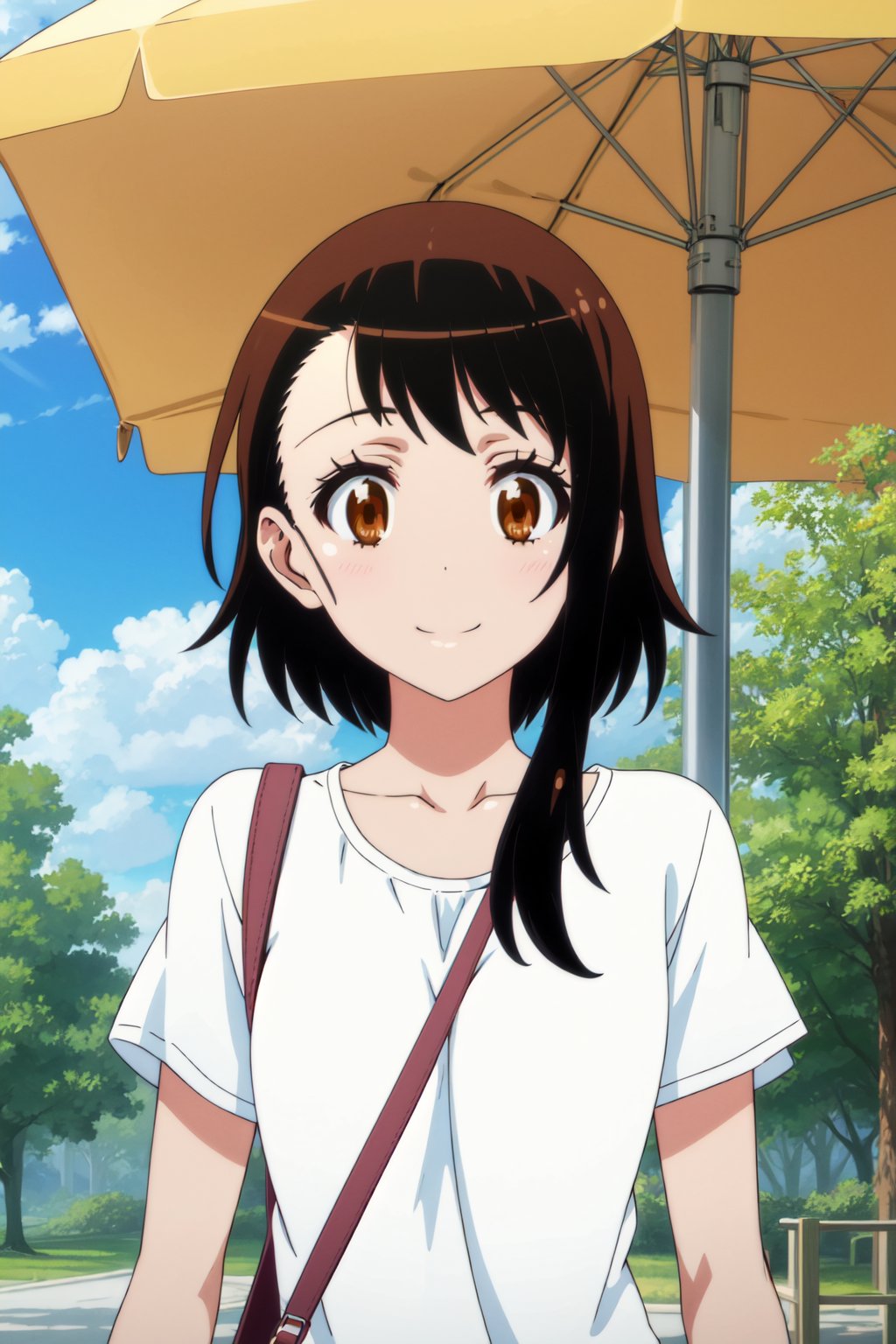 <lora:anime_screencap_v2:0.3> tall body, tall, long legs, mature female, mature, adult, <lora:GoodHands-beta2:1.4> <lora:eft_nisekoi_ondera-02:1>,  eft_nisekoi_ondera, 1girl, solo, brown eyes, smile, bag, day, outdoors, brown hair, looking at viewer, collarbone, shirt, sky, tree, upper body, cloud, short hair with long locks, short sleeves, short hair