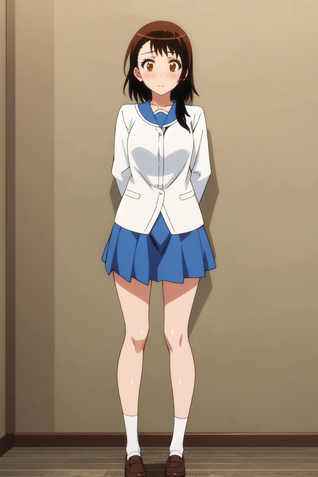 <lora:anime_screencap_v2:0.3> tall body, tall, long legs, mature female, mature, adult, <lora:GoodHands-beta2:1.4> <lora:eft_nisekoi_ondera-02:1>,  eft_nisekoi_ondera, 1girl, solo, brown eyes, brown hair, blush, skirt, short hair