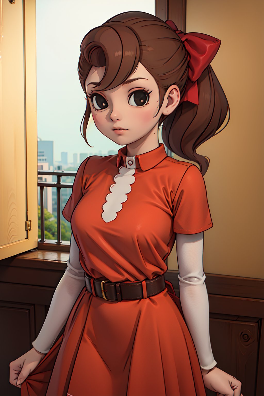 1girl, solo,Flora_reinhold, brown hair, black eyes,ponytail,hair bow, red bow, looking at viewer,(dress, red belt),