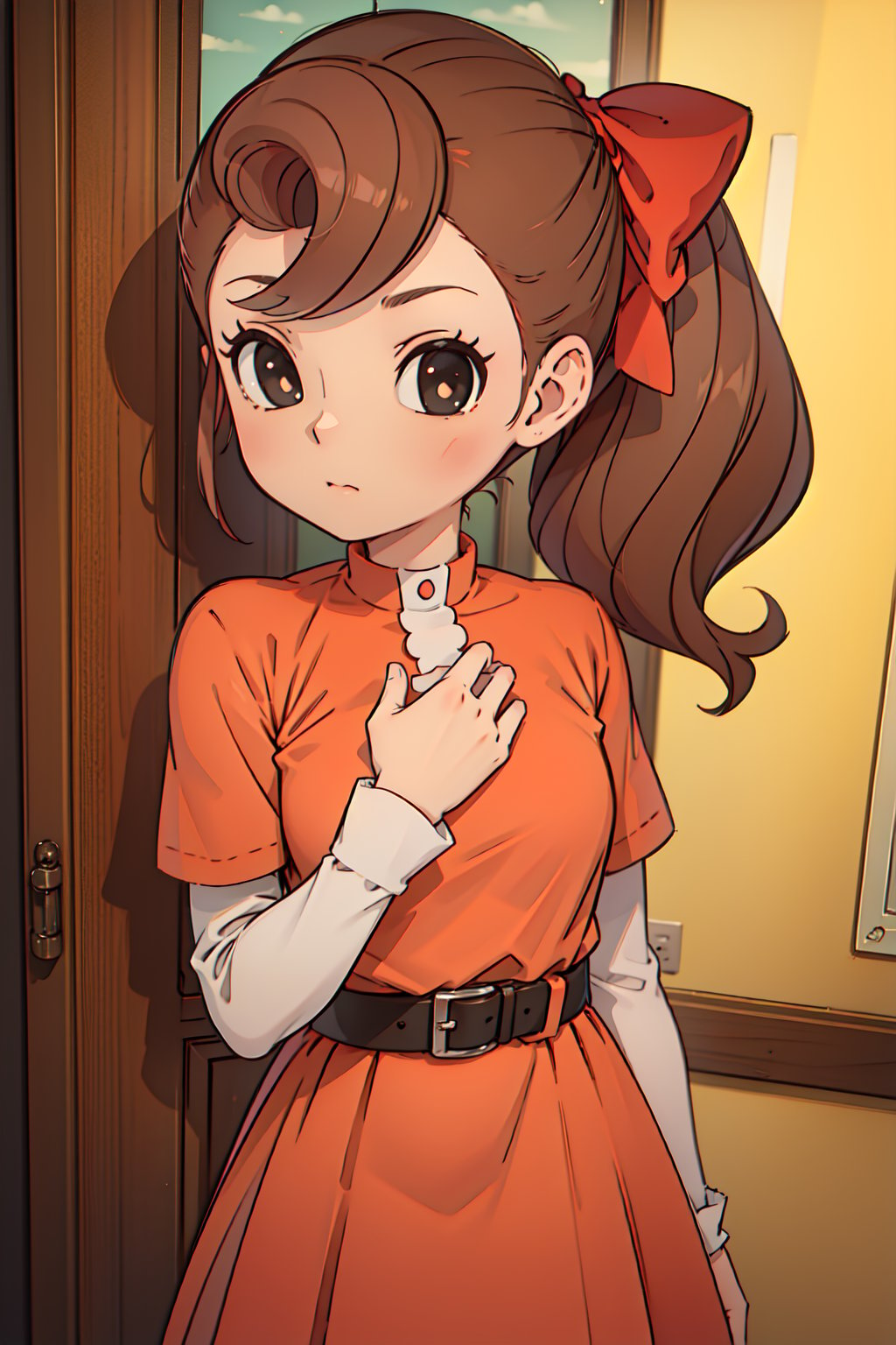 1girl, solo,Flora_reinhold, brown hair, black eyes,ponytail,hair bow, red bow, looking at viewer,(dress,red ribbon belt),