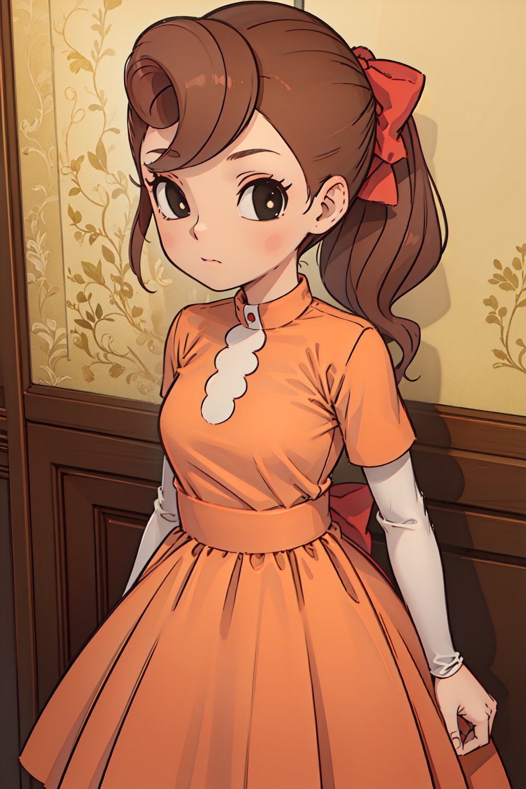 1girl, solo,Flora_reinhold, brown hair, black eyes,ponytail,hair bow, red bow, looking at viewer,(dress),