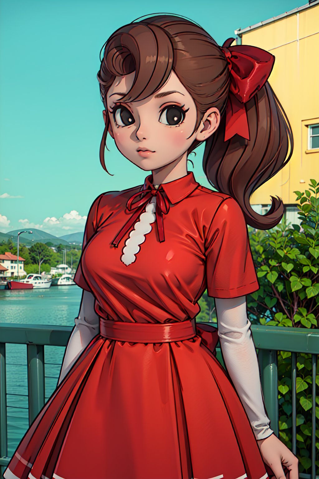 1girl, solo,Flora_reinhold, brown hair, black eyes,ponytail,hair bow, red bow, looking at viewer,(dress,red ribbon belt),