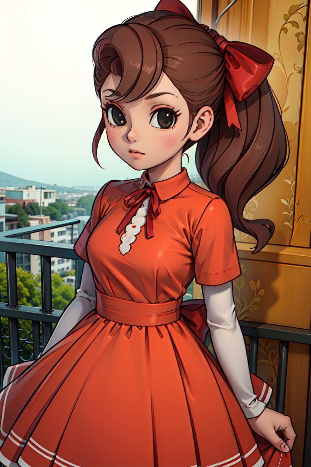 1girl, solo,Flora_reinhold, brown hair, black eyes,ponytail,hair bow, red bow, looking at viewer,(dress,red ribbon),