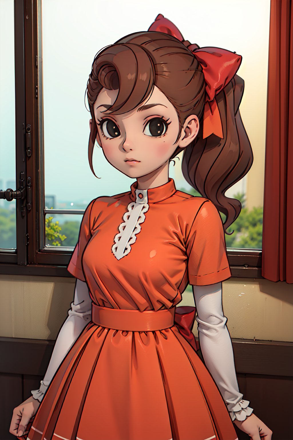 1girl, solo,Flora_reinhold, brown hair, black eyes,ponytail,hair bow, red bow, looking at viewer,(dress),