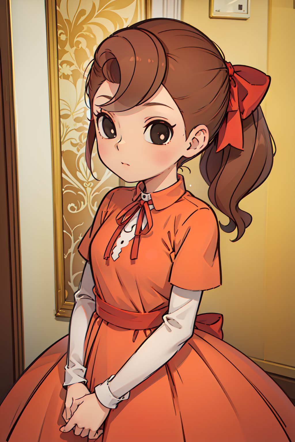 1girl, solo,Flora_reinhold, brown hair, black eyes,ponytail,hair bow, red bow, looking at viewer,(dress,red ribbon),