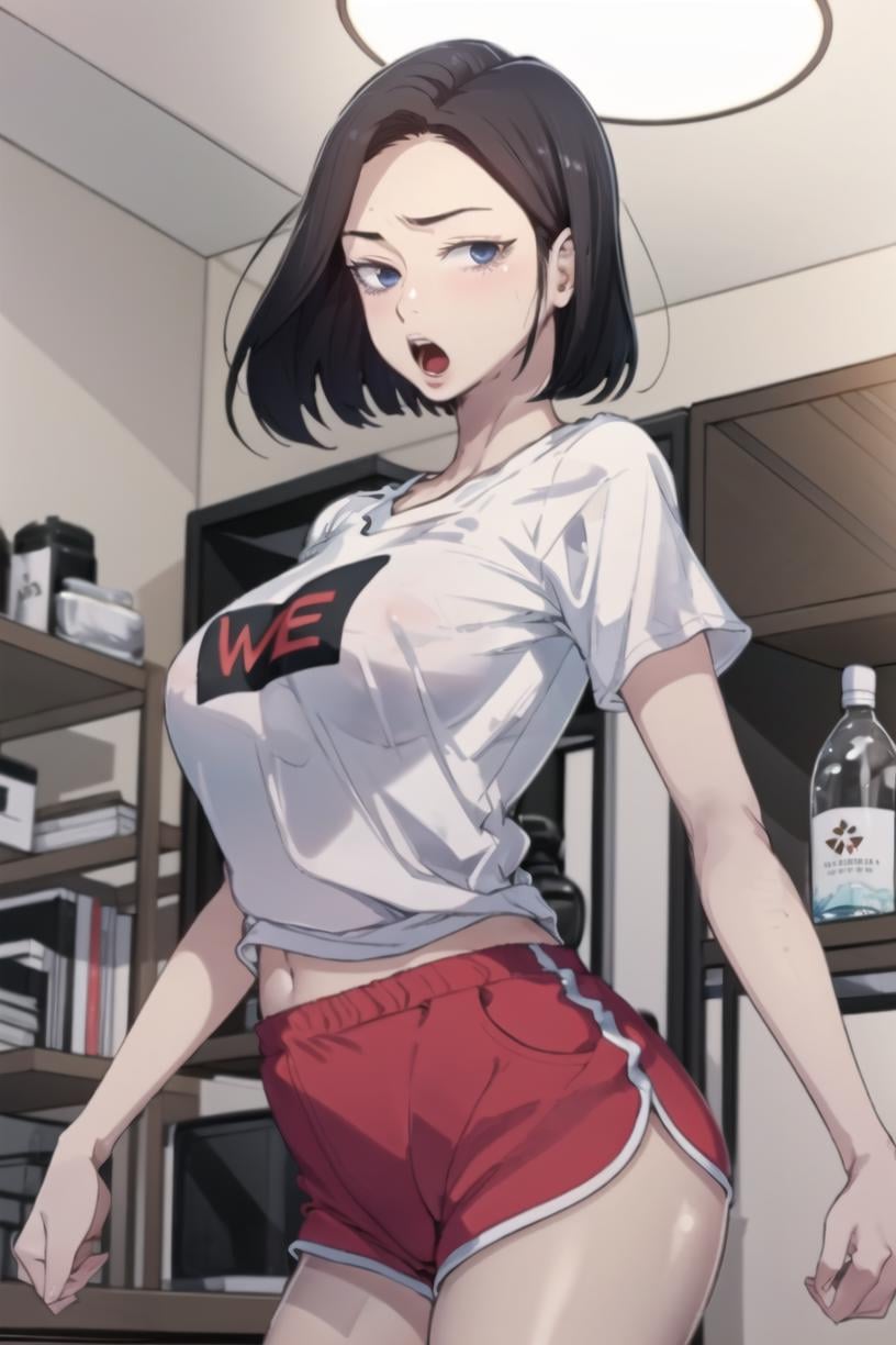 <lora:SooAh:0.9> sooahdef, black hair, blue eyes, short hairbreasts, t-shirt, solo, indoors, red shorts, shirt, 1girl, shorts, short shorts, white shirt, dolphin shorts, open mouth, large breasts, short sleeves, looking at viewermasterpiece, best quality   