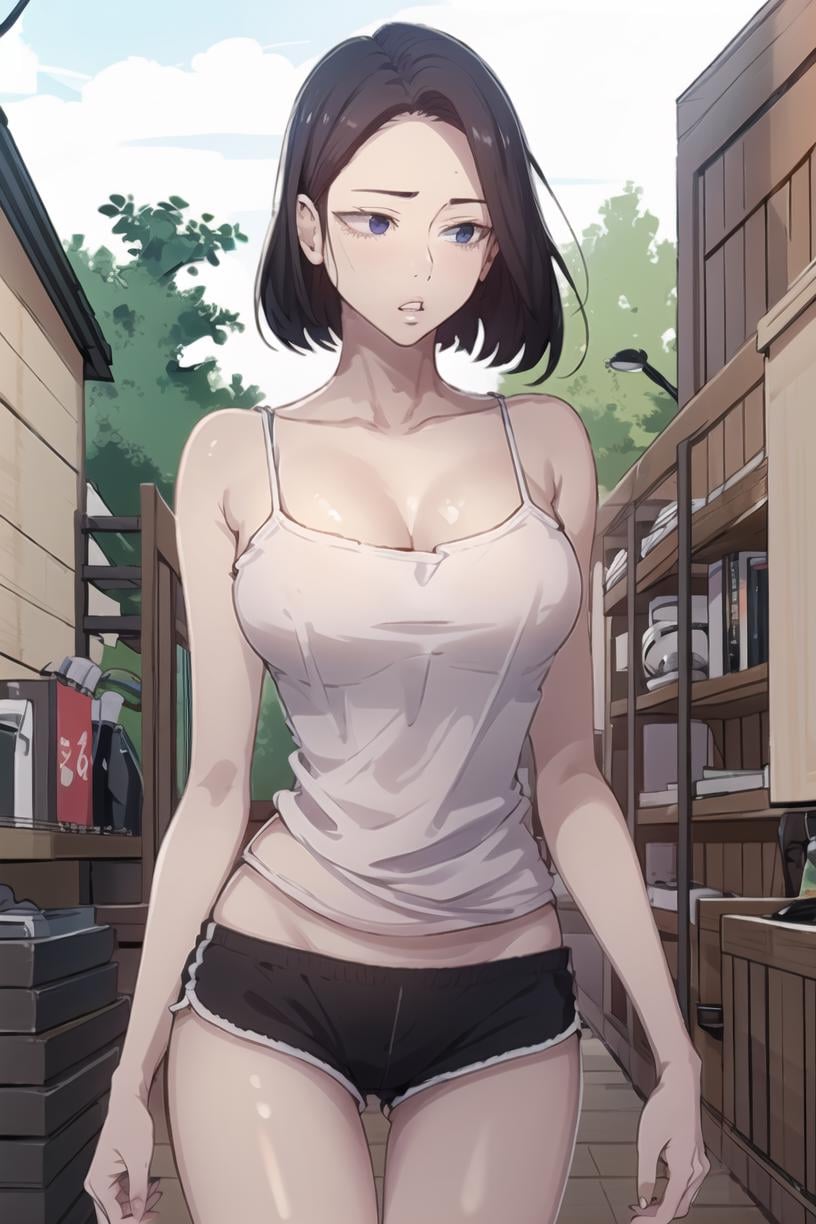 <lora:SooAh:0.9> sooahdef, black hair, blue eyes, short hairlooking to the side, solo, breasts, parted lips, large breasts, looking away, camisole, cowboy shot, 1girl, black shorts, shorts, short shorts, bare shoulders, collarbone, cleavagemasterpiece, best quality   