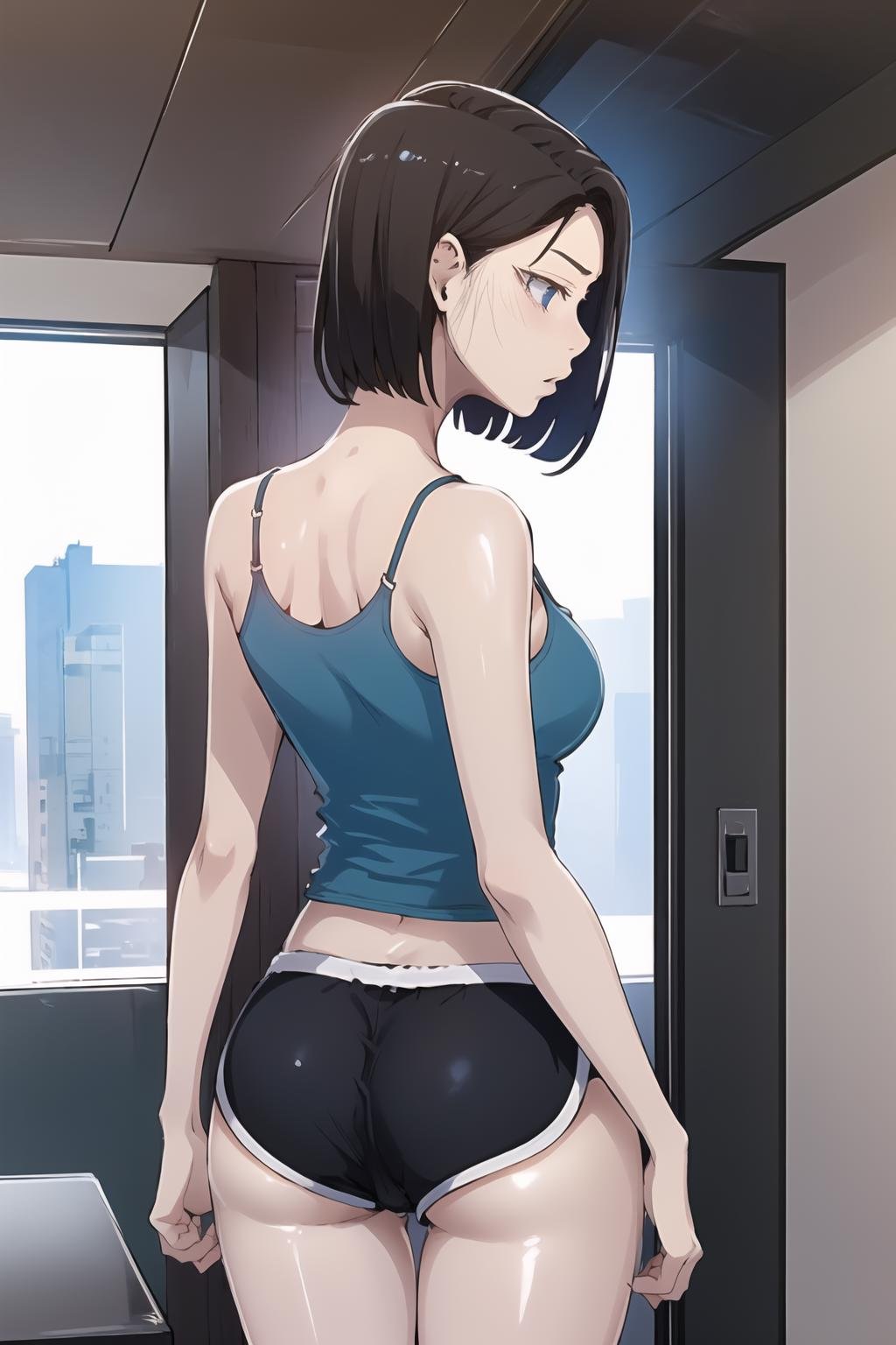 <lora:SooAh_V2:1> sooahdef, 1girl, ass, solo, shorts, from behind, short shorts, black shorts, bare shoulders, thighs, short hair, back, indoors, tank top, camisole, standing, dolphin shorts, blue shirt, sleeveless, shiny, shirt, shiny skin, spaghetti strap, underbutt, 