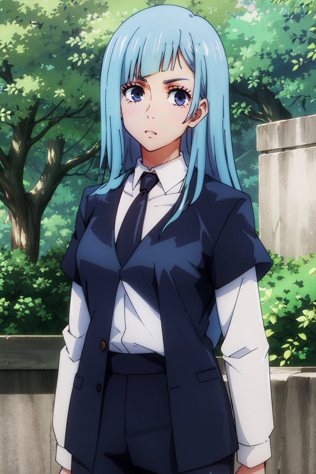 <lora:anime_screencap_v2:0.3> tall body, tall, long legs, mature female, mature, adult, <lora:GoodHands-beta2:1.4>, <lora:eft_jjk_miwa:1> eft_jjk_miwa, 1girl, blue hair, solo, necktie, long hair, looking at viewer, blue eyes, suit, formal, black necktie, shirt, anime coloring, white shirt, tree, outdoors, upper body, bangs, open mouth, jacket, black jacket, blunt bangs, day, collared shirt