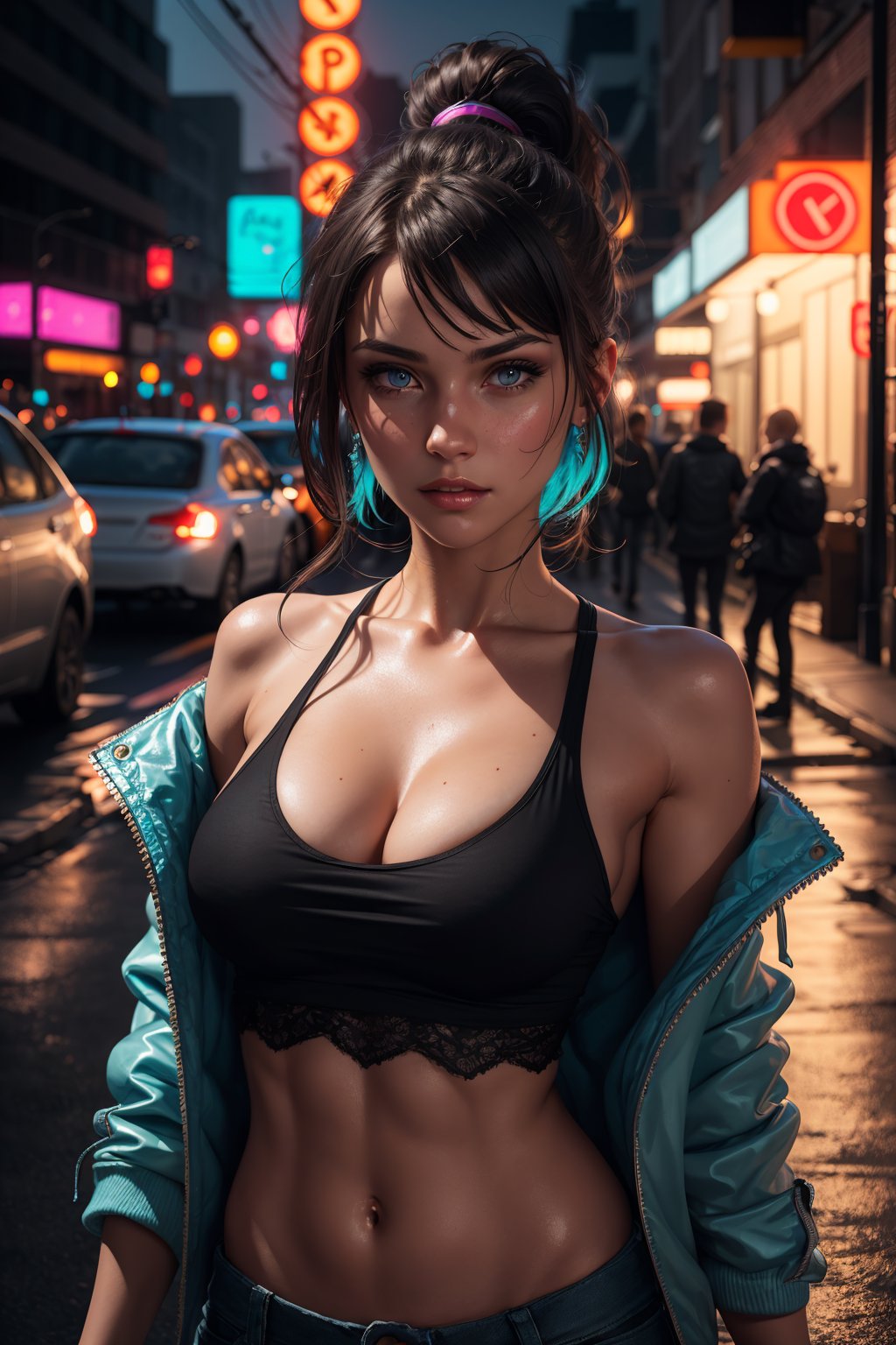 A woman, cute girl, cute face, Caucasian, neon, colorful jacket, shiny jacket, detailed face, badass, ponytail, twenty years old, brunette, tank top, looking at camera, toned body, fit, punk, streets, shiny ground, night, colorful neon background, 
hip cocked, demure, low cut, black lace, detailed skin, soft lighting, subsurface scattering, heavy shadow, masterpiece, best quality, 8k, golden ratio, Intricate, High Detail, ((sharp focus, detailed skin texture)), (blush:0.2), (goosebumps:0.3), subsurface scattering,